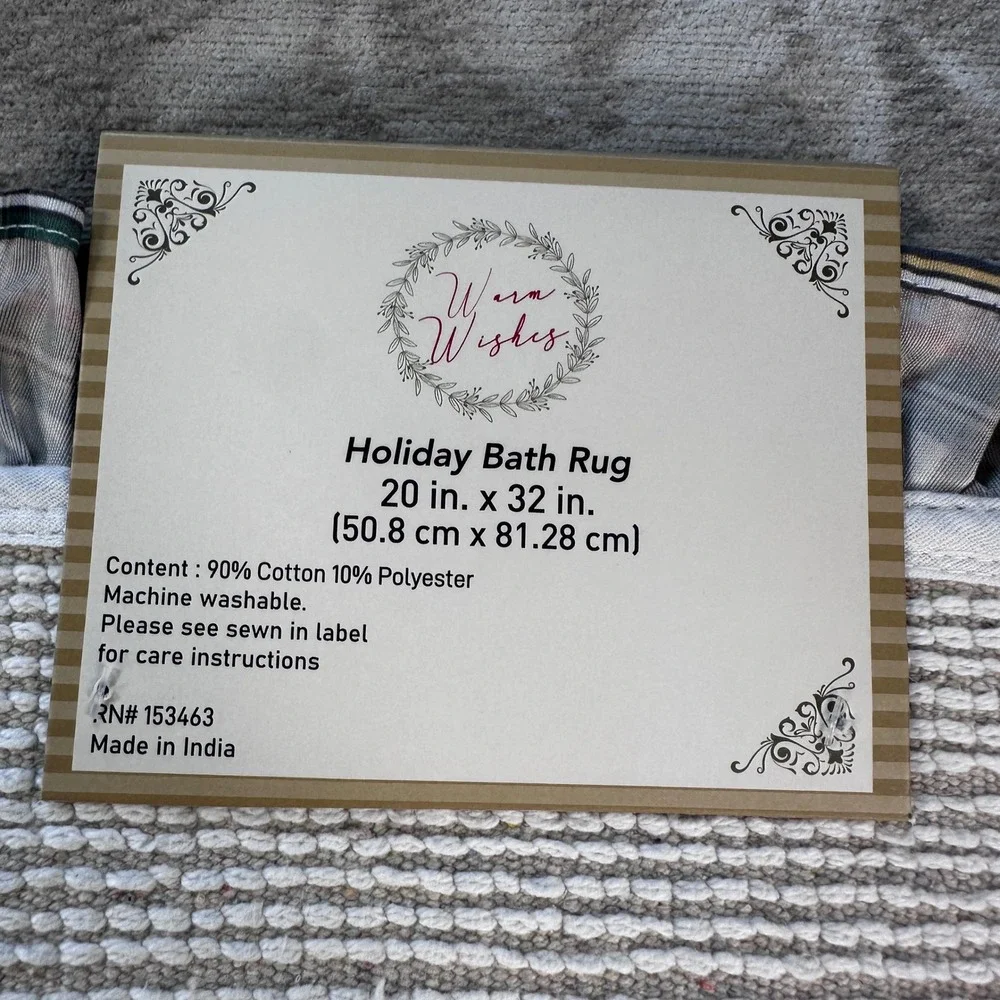 Warm Wishes Holiday Bath Rug White Plaid Ruffle‎ Trim 20x32 Cotton Christmas